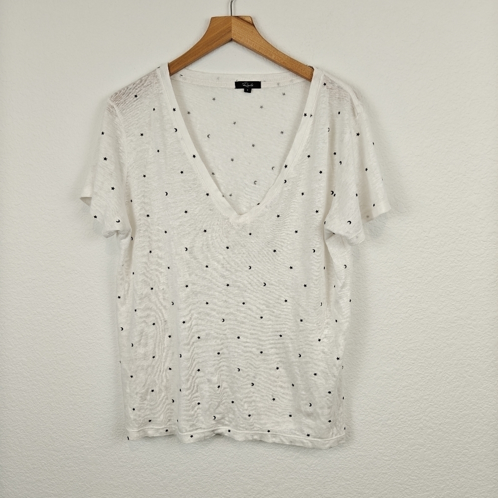 Rails Cara Stars & Moon Print V-neck Short-sleeve Tshirt Sheer Linen Blend SM